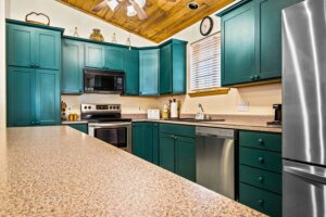 Box Canyon Lodge & Hot Springs two bedroom apartment blue/green kitchen