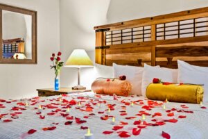 Box Canyon Lodge & Hot Springs honeymoon suite with large bed covered in rose petals
